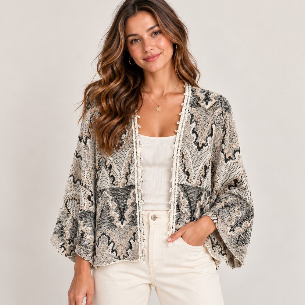 Free People Multi Tan Butterfly Kimono Knit Boho Cardigan Sweater Size XS Earthy
